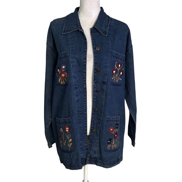 Vintage Way to Go Size L Denim Chore Jacket Jean Coat Floral Embroidered Pockets - Picture 1 of 5